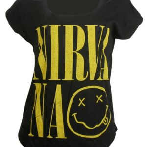 Nirvana smiley face yellow on black womens t-shirt