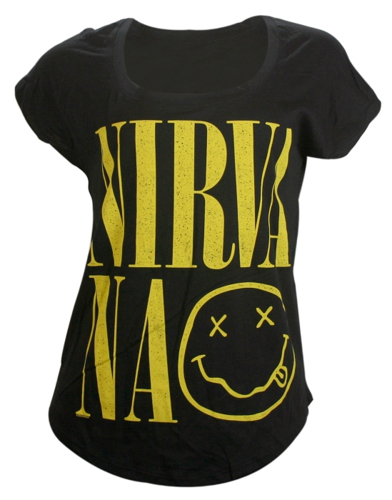 Nirvana smiley face yellow on black womens t-shirt