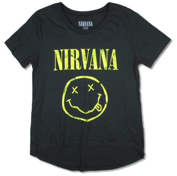 Nirvana Smiley Face Womens Jr. Baby Doll  Black T Shirt Large Only